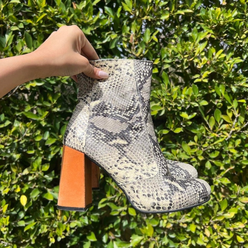 Snake-Pattern Ankle Boots with Orange Block Heel